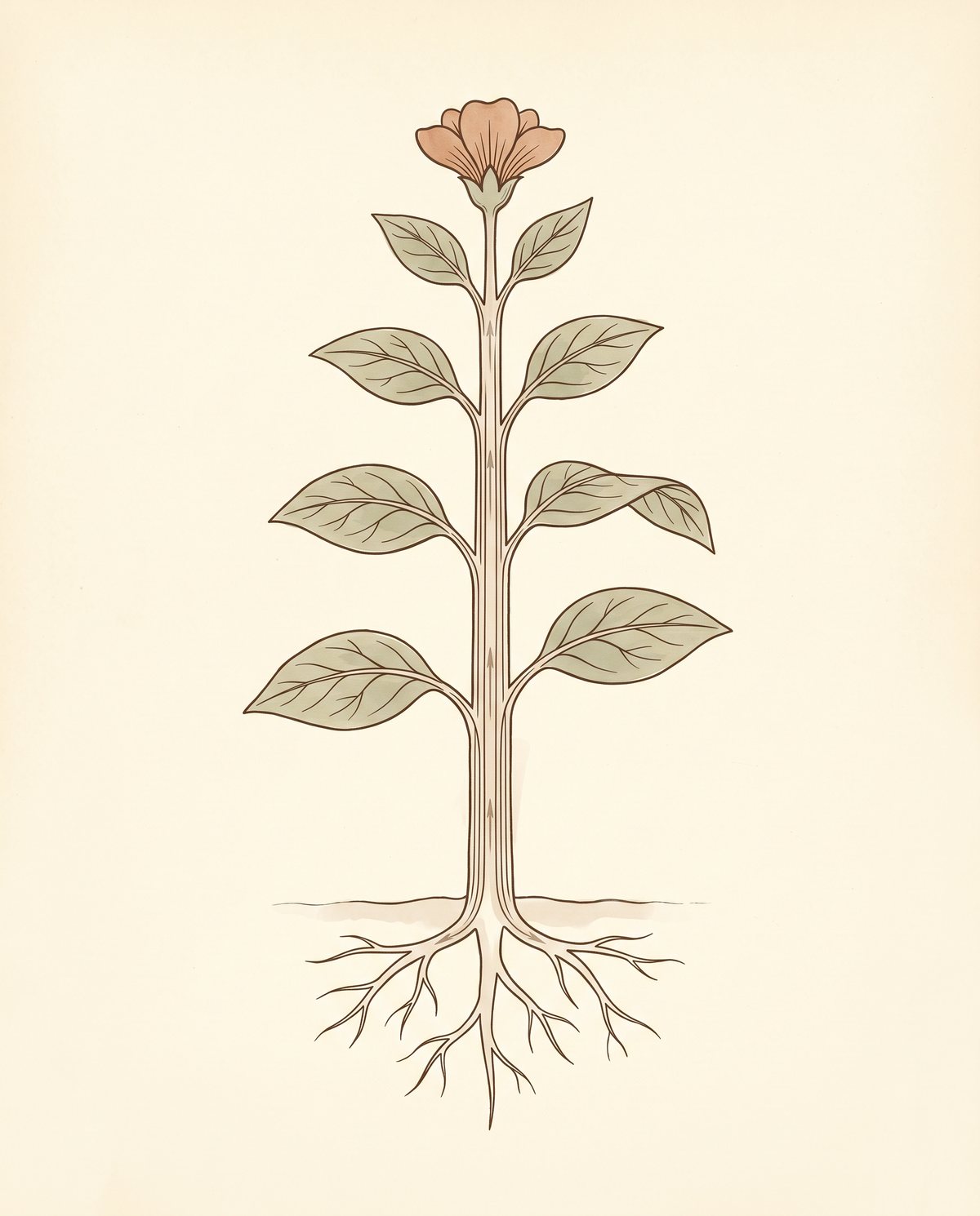 A plant as one system, with arrows showing water moving up the stem, schematic.
