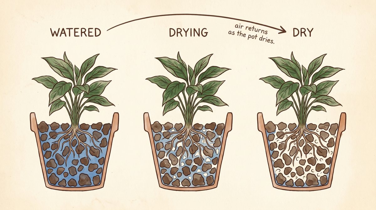 The same potted plant in three states, watered to drying to dry, with pore spaces filling with water then opening to air, and arrows showing the wet-to-dry cycle.