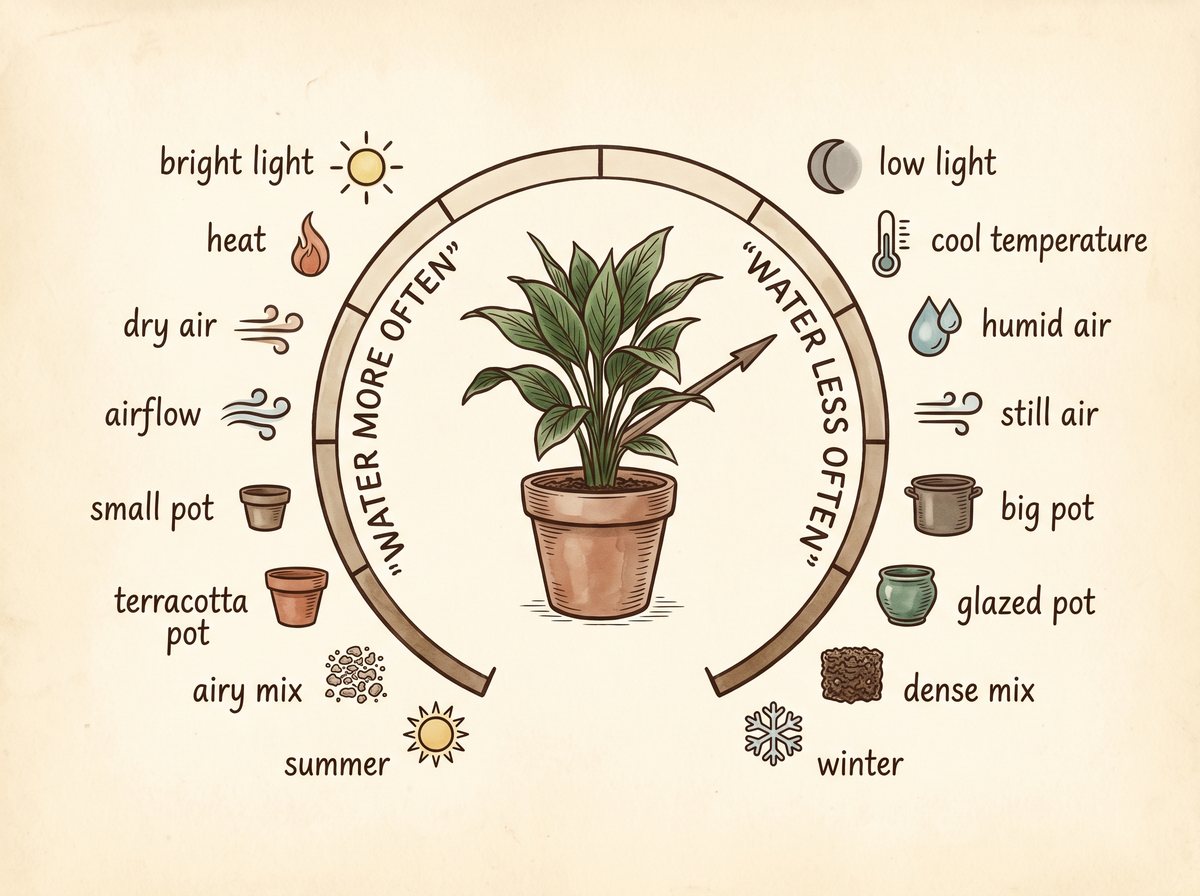 A frequency dial: a central potted plant with factors that turn watering up (bright light, heat, dry air, airflow, small pot, terracotta, airy mix, summer) on one side and down (low light, cool, humid, still air, big pot, glazed, dense mix, winter) on the other.