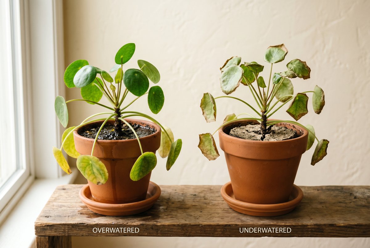 Two potted plants side by side: an overwatered plant with yellowing, soft lower leaves and wet substrate, and an underwatered plant with crispy brown edges and dry, pulled-away substrate.
