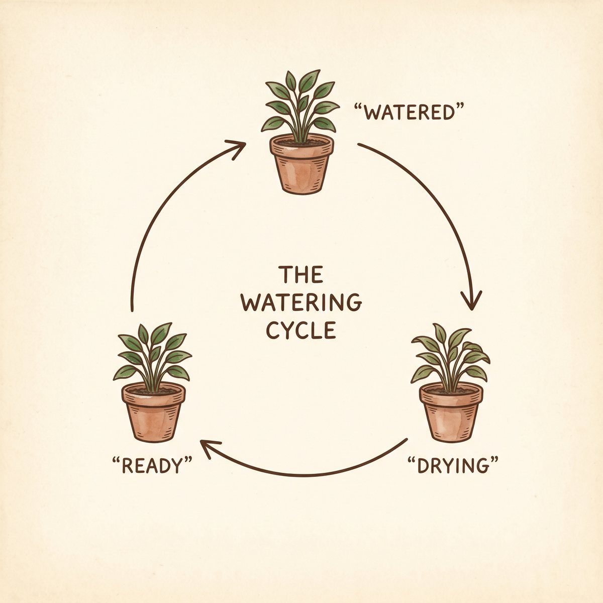 The watering cycle as a loop: three potted plants around a circle labeled watered, drying, and ready, connected by arrows, with the title The Watering Cycle in the center.
