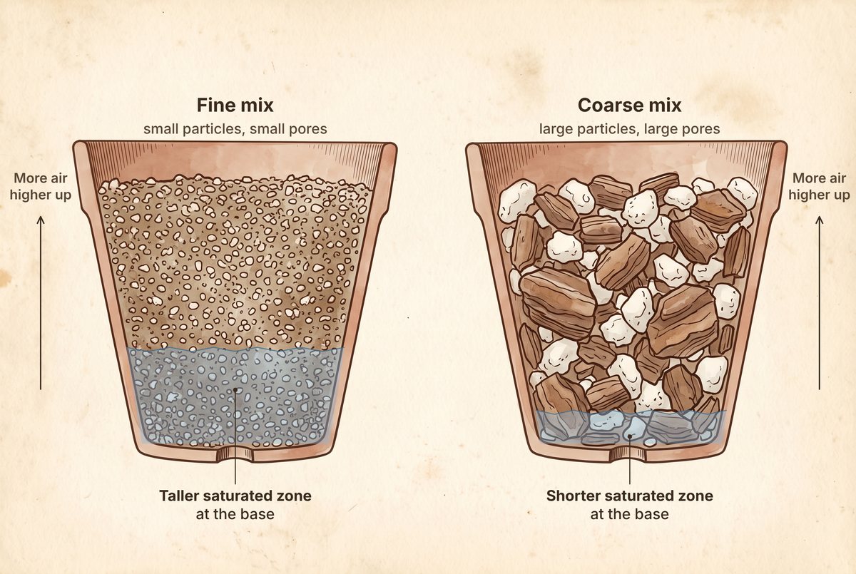 Two identical terracotta pots in cross-section: on the left a fine mix with a tall pale blue saturated band at the base, on the right a coarse mix of bark and white pumice chunks with a short blue band. Arrows at the sides note more air higher up.
