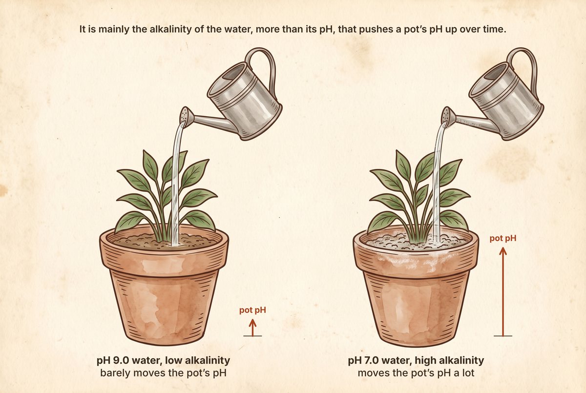 Two potted plants being watered from metal watering cans. Beside the left pot a short arrow labeled pot pH, beside the right pot a tall one; the right can's spout and the right pot carry a faint white residue.