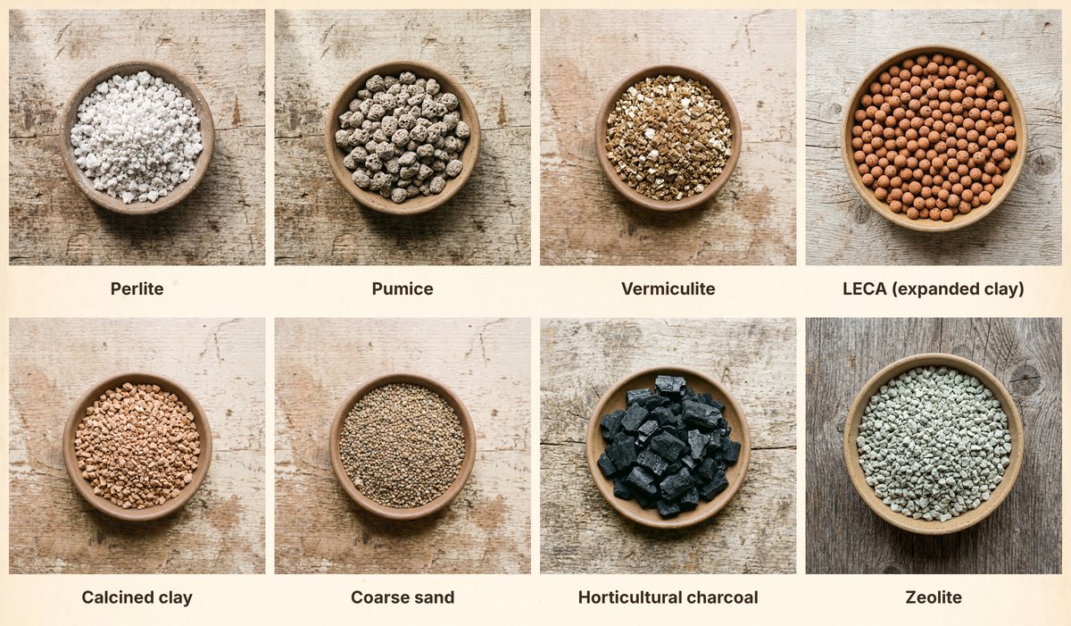 Eight bowls on weathered wood seen from above: white perlite, gray porous pumice, golden flaky vermiculite, round terracotta LECA balls, orange-tan angular calcined clay chips, tan sand grains, black charcoal chunks and pale green zeolite granules.