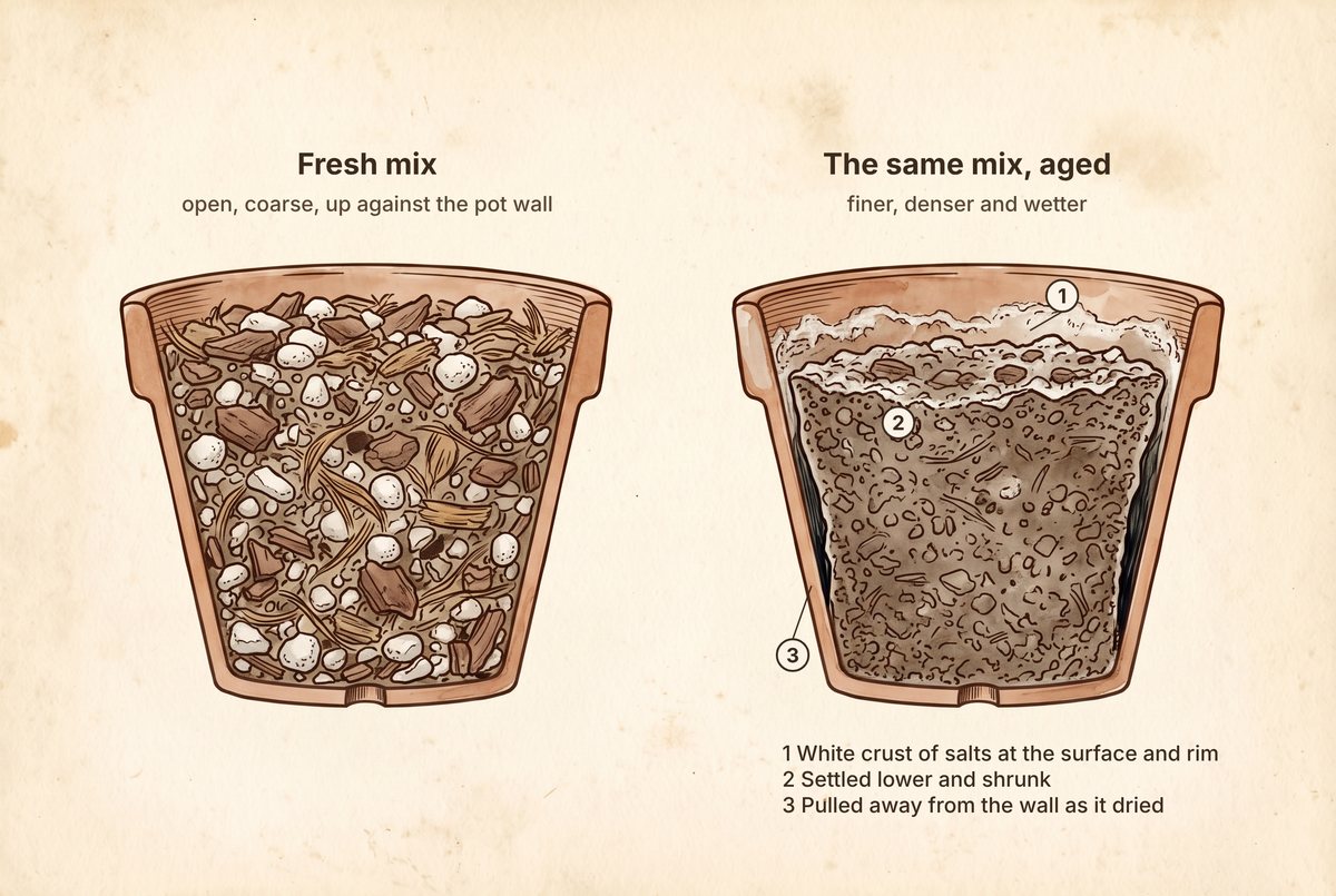 Two terracotta pots in cross-section. The left is full of an open, coarse mix of bark and white pumice. The right holds a darker, finer mix that sits lower, has pulled away from the pot wall and carries a white crust on its surface and rim, marked 1 to 3.