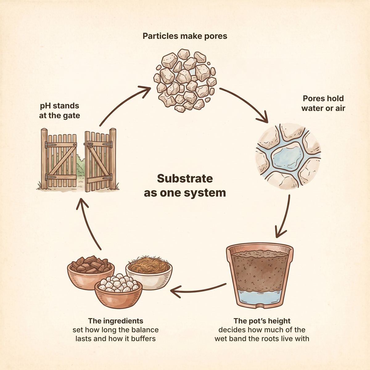 Five small drawings arranged in a loop with arrows: a cluster of particles, a magnified gap holding water, a pot with a blue band at its base, three bowls of ingredients and a half-open garden gate, around the words Substrate as one system.