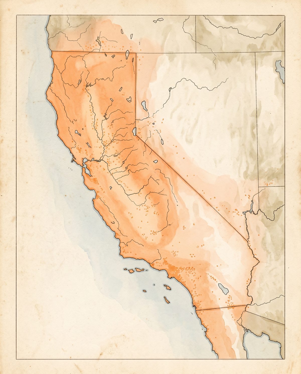 Illustrated antique-style map of California with the California poppy's range washed in soft orange across most of the state, fading paler where it reaches north into southern Oregon, east into the desert Southwest, and south into the Baja California peninsula, and the interior valleys and foothills dotted to mark superbloom country