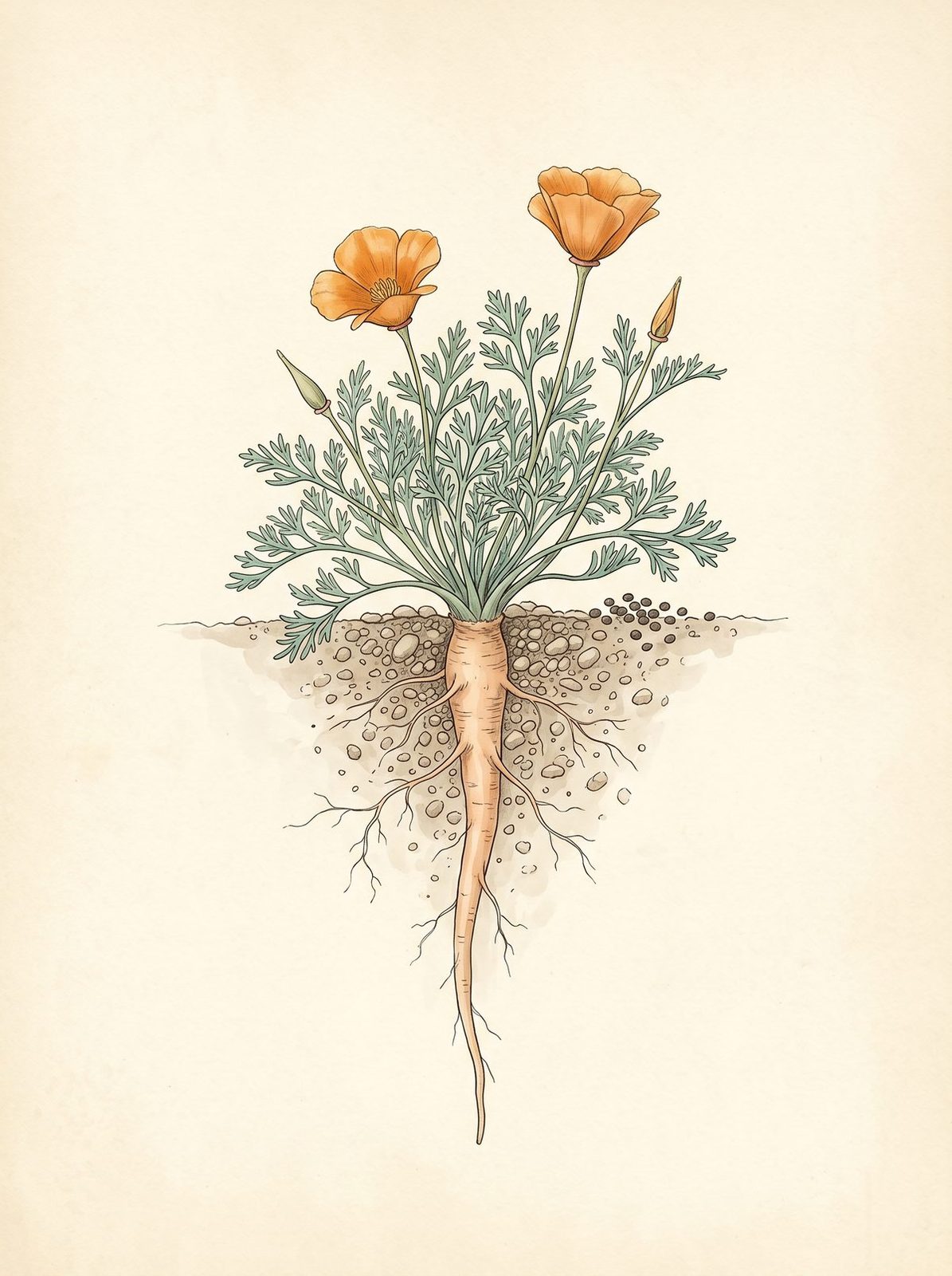 Soil cross-section botanical plate of a California poppy: a low mound of ferny blue-green foliage and open orange flowers above the soil line, a single deep fleshy pale taproot with fine lateral roots driving straight down below it, and a scatter of seeds resting shallow on the soil surface