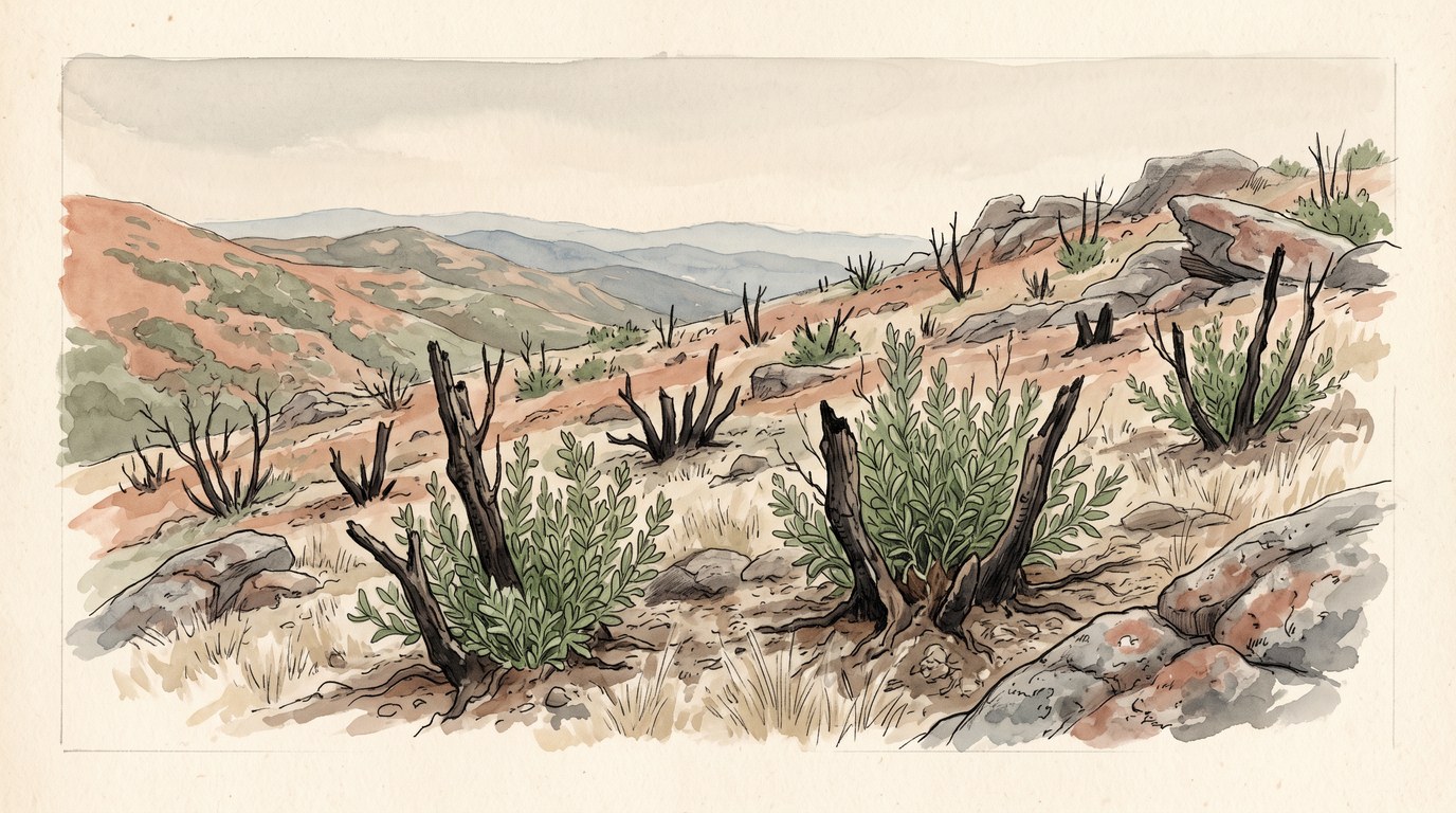 A watercolour and ink illustration of a California chaparral hillside in the second spring after a wildfire. Low blackened woody stumps stand across the slope, and from the base of each one a dense clump of fresh green shoots has come up. Dry pale grass and granite outcrops between them, coast-range ridges fading blue in the distance.