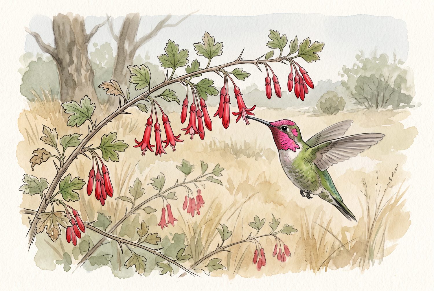 An Anna's hummingbird feeding at the drooping pink flower clusters of a pink-flowering currant (Ribes sanguineum) in winter.