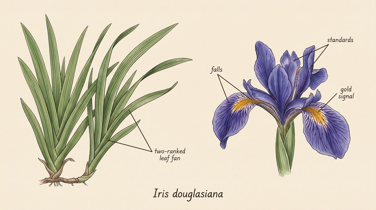 Botanical plate of Iris douglasiana. Left: an edge-on fan of long, strap-like evergreen leaves in a flat two-ranked arrangement rising from a creeping rhizome. Right: a single blue-purple flower with three drooping outer falls marked by fine purple veining and a gold signal patch, and three smaller upright standards. Labels point to falls, standards, gold signal, and the two-ranked leaf fan.