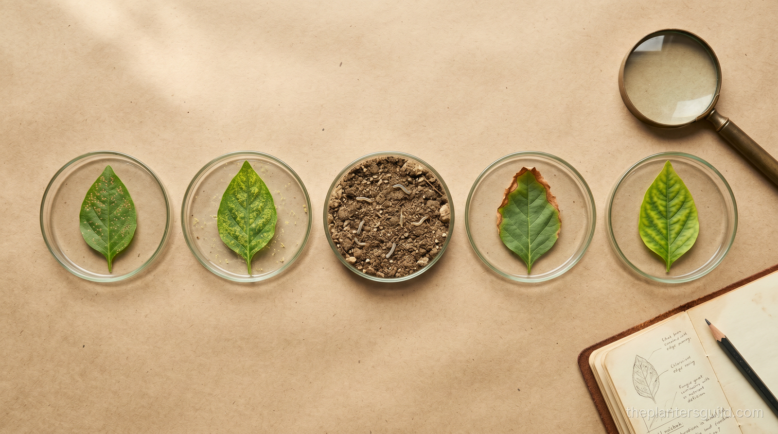 Scientific specimen study — five glass petri dishes containing plant-diagnosis specimens beside a brass magnifying lens and a leather field notebook on kraft paper
