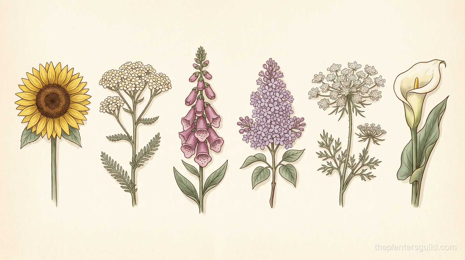 Six botanical inflorescence specimens — sunflower head, yarrow corymb, foxglove raceme, lilac panicle, Queen Anne's lace compound umbel, and calla lily spadix — illustrated in vintage Kew Botanical Magazine register on cream