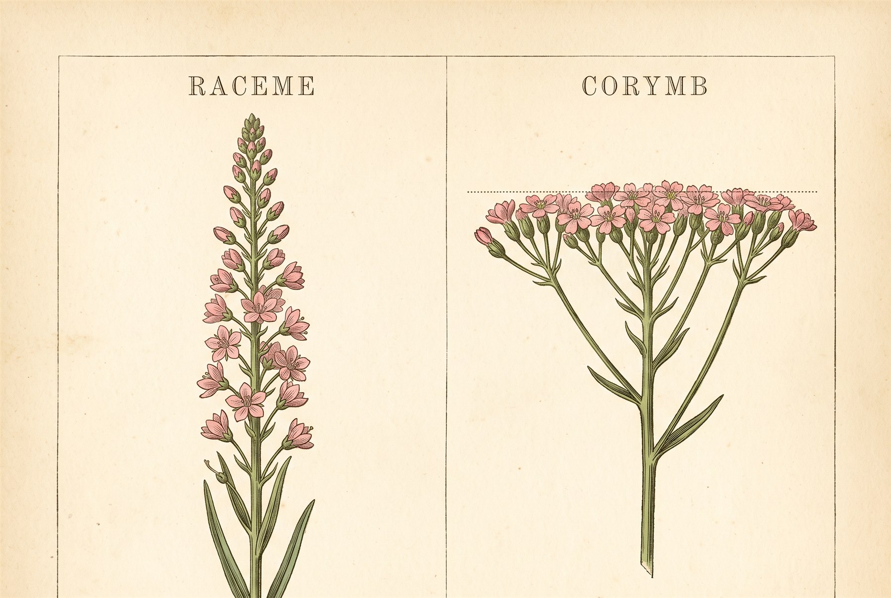 A vintage botanical comparison plate. On the left, an unbranched flower stem labeled RACEME, small pink flowers each on a short stalk of equal length so the display climbs the axis in a spire. On the right, a flat-topped cluster labeled CORYMB, the lower flower stalks drawn conspicuously longer than the upper ones and a fine dotted horizontal line across the top showing every flower reaching the same level.