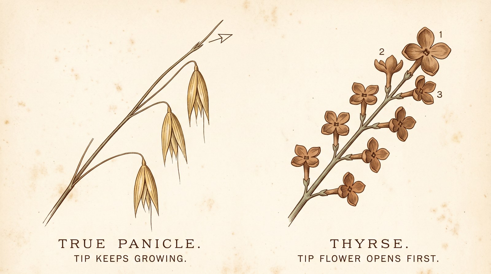 A vintage botanical comparison plate. Left panel labeled TRUE PANICLE shows an oat inflorescence, its side branches open-tipped and still elongating, with small arrows marking growing points. Right panel labeled THYRSE shows a lilac cluster in section, the main axis marked INDETERMINATE and each side branch marked DETERMINATE with its central flower opening first and closing off the branch.