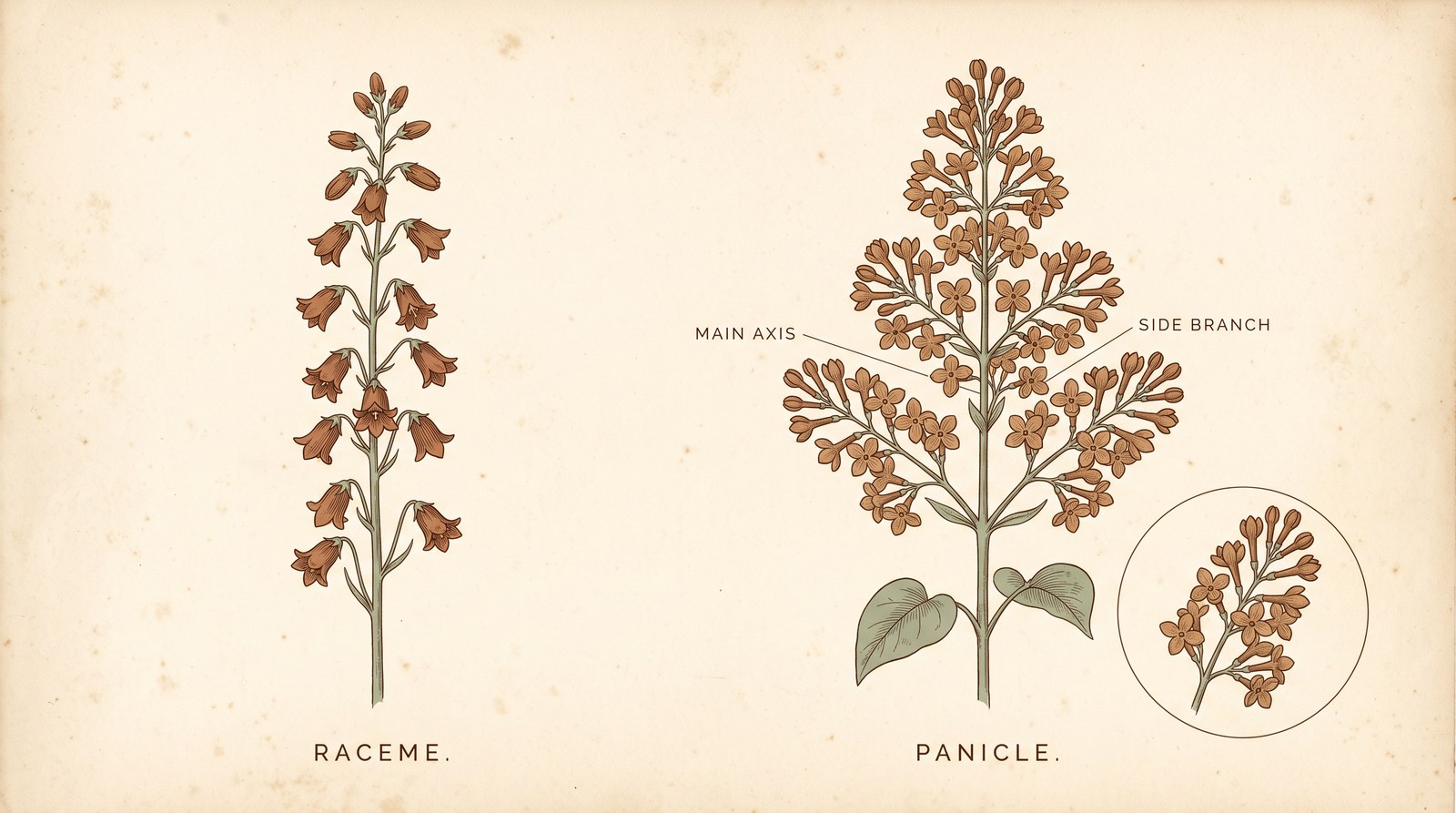 A vintage botanical comparison plate. On the left, an unbranched flower stem labeled RACEME, each flower held out on a short stalk directly from the main axis. On the right, a branched conical cluster labeled PANICLE, with small labels marking MAIN AXIS and SIDE BRANCH, and a magnified inset showing that one side branch is itself a small raceme of stalked flowers.