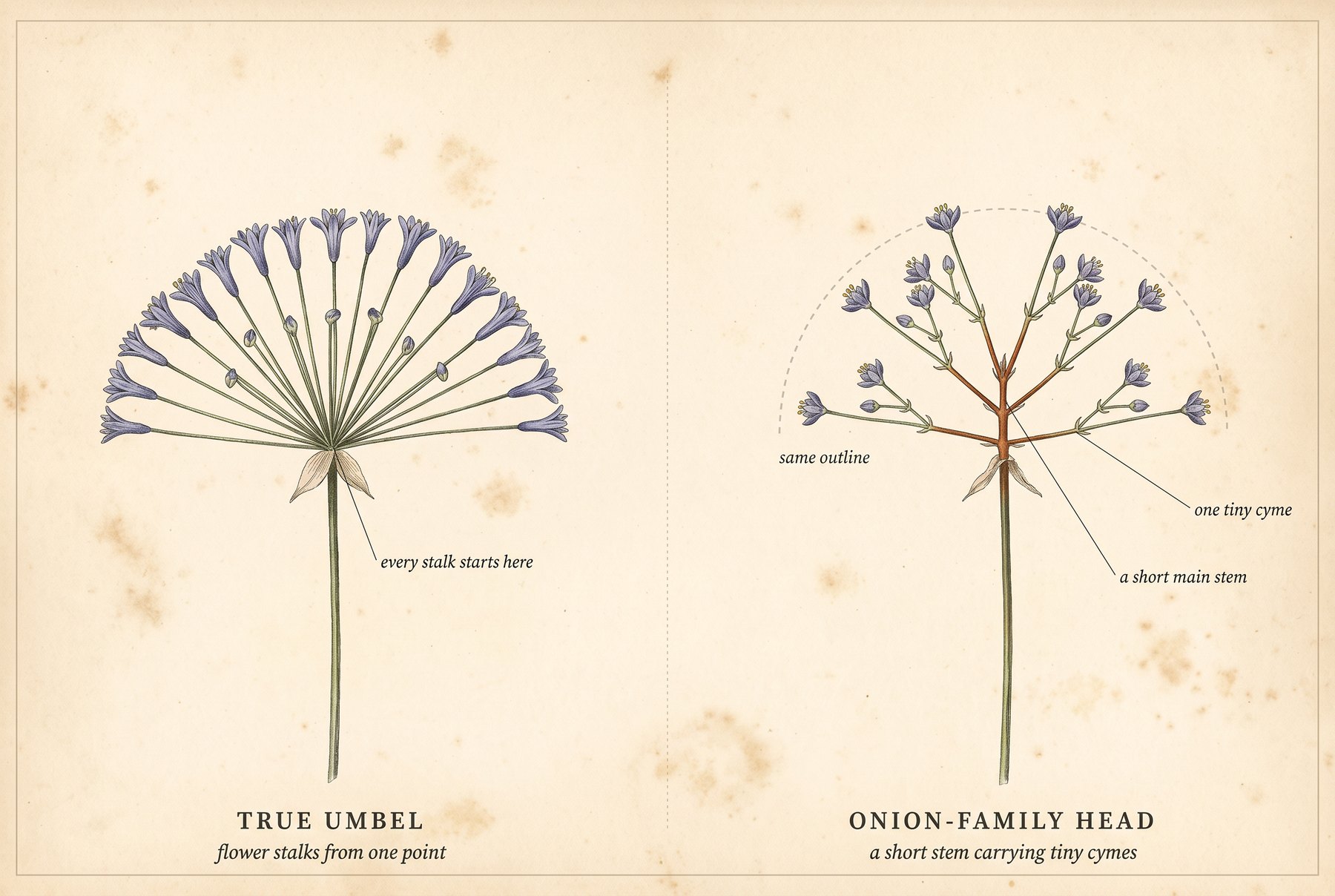 A hand-colored engraved botanical comparison plate on aged cream paper. On the left, labeled TRUE UMBEL, a single stem whose flower stalks all fan out from one point at its top into a half-dome of small blue flowers and buds. On the right, labeled ONION-FAMILY HEAD, the top of the stem continues as a short main stem, drawn in rust, with side branches leaving it at different heights; each branch ends in a flower and carries more flowers and buds on stalks that leave it partway along, and a dashed line shows the whole head keeps the same rounded outline.