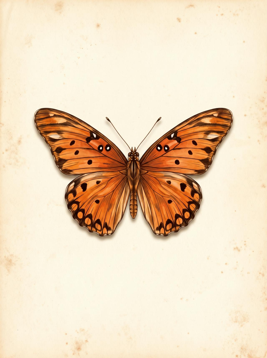 Gulf fritillary butterfly (Agraulis vanillae) natural history plate: long orange wings with black veins and spots and small white spots near the forewing edge