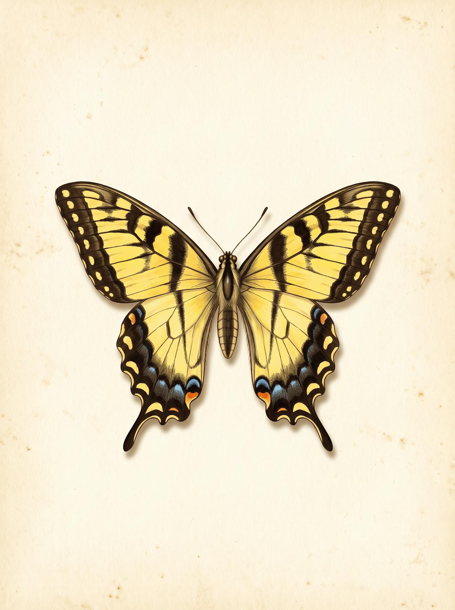 Western tiger swallowtail (Papilio rutulus) natural history plate: yellow wings with black stripes, black borders and long tails