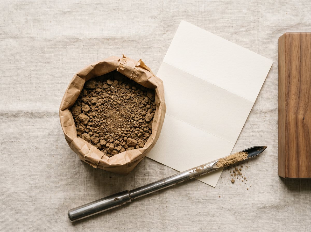 A small kraft soil-sample bag filled with dry crumbled garden soil beside a folded blank report sheet and a stainless soil probe on cream linen, overhead editorial lighting