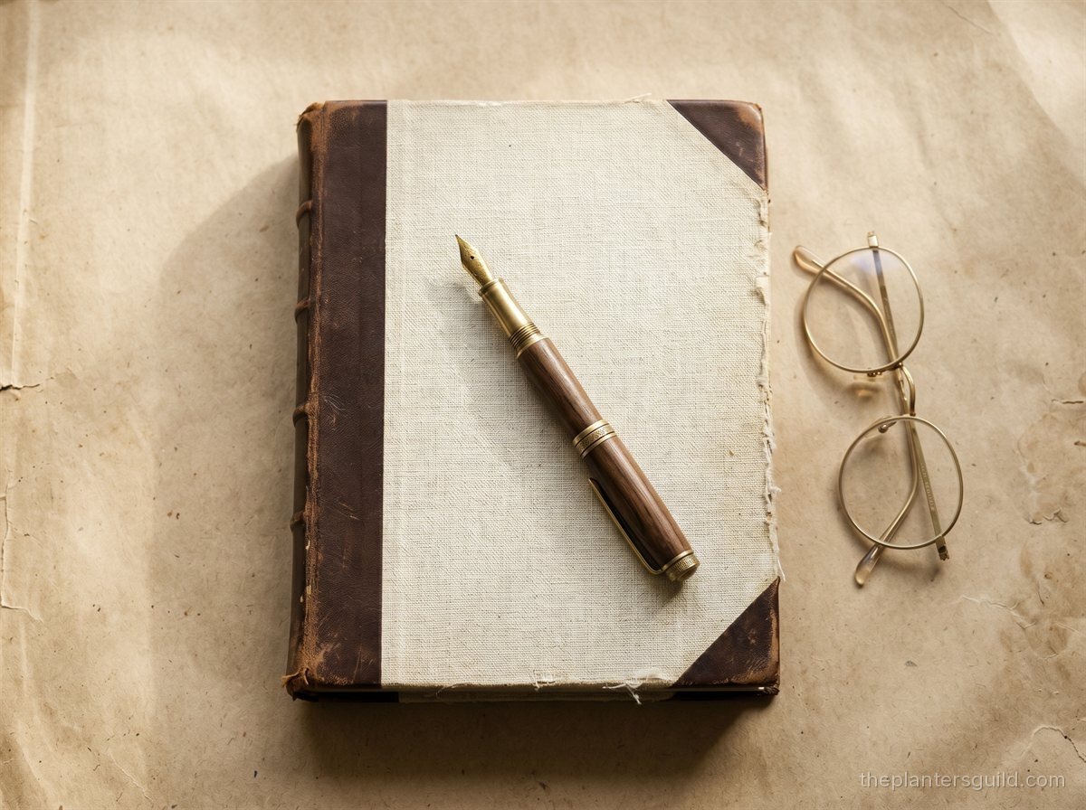 An antique cloth-bound ledger with walnut leather corners, a vintage fountain pen resting on top, and round brass-rimmed reading glasses beside it on aged kraft paper