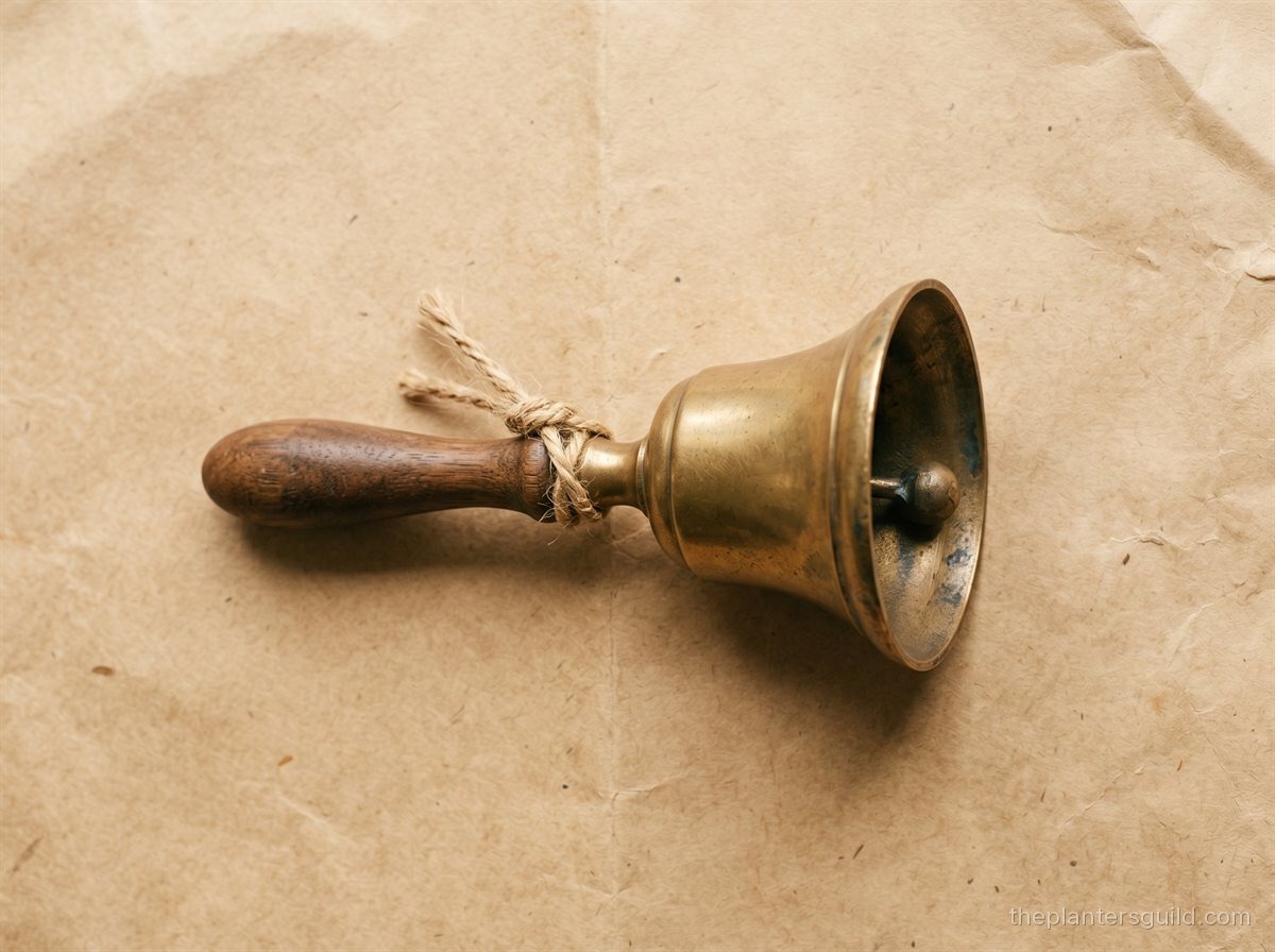 A small ornate brass hand bell with a worn walnut wood handle and jute twine tied at the neck, lying on aged kraft paper