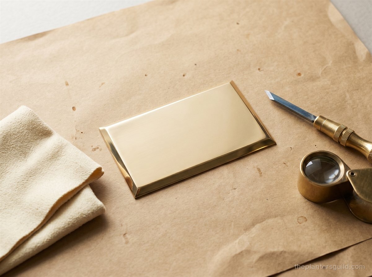 A blank polished brass nameplate on aged kraft paper, with engraving tools beside it: chamois polishing cloth, a brass-handled steel graver, and a brass-rimmed loupe