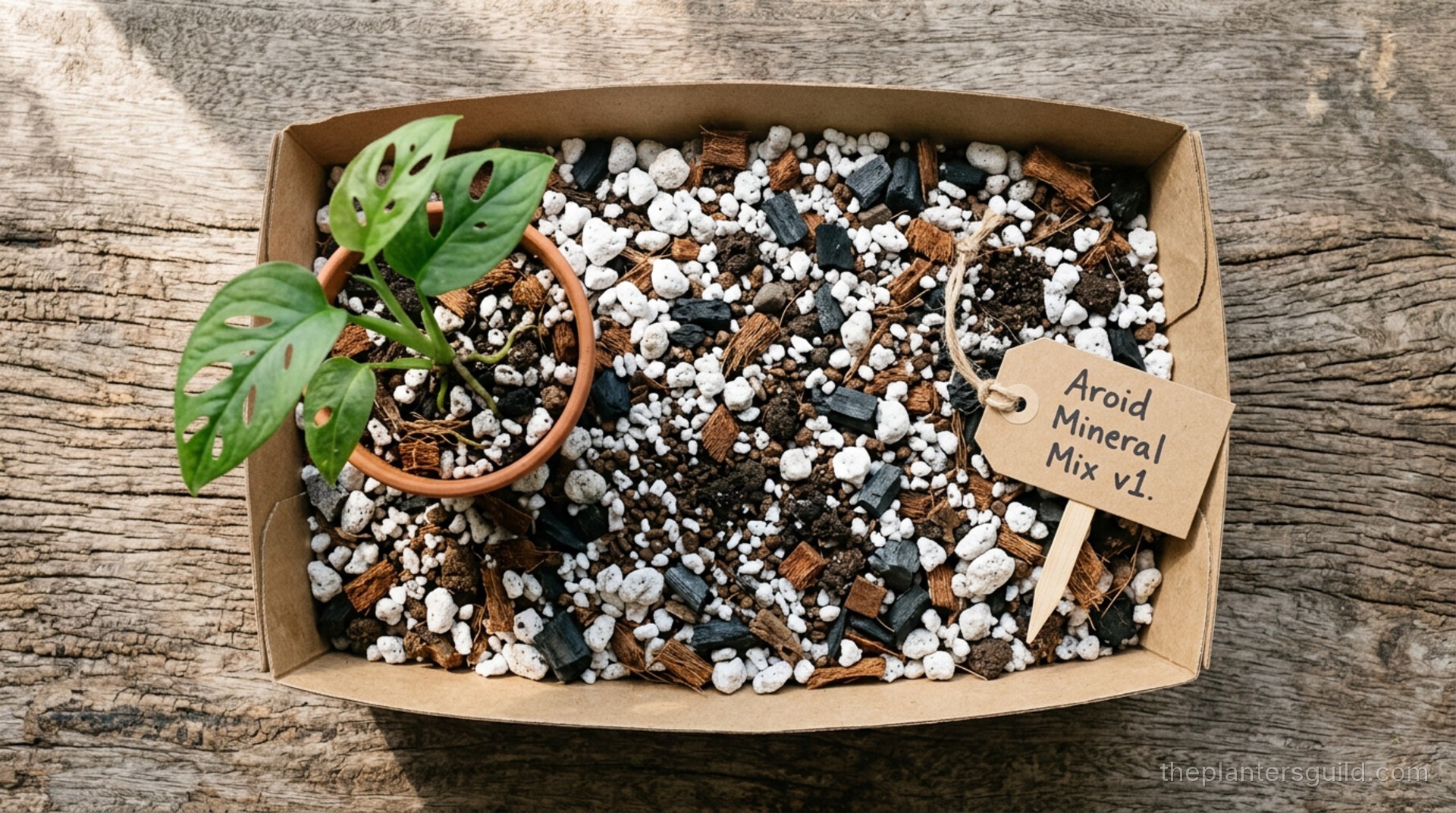Kraft tray of chunky aroid mineral mix showing pumice, perlite, charcoal, and a young aroid plantlet with a handwritten label