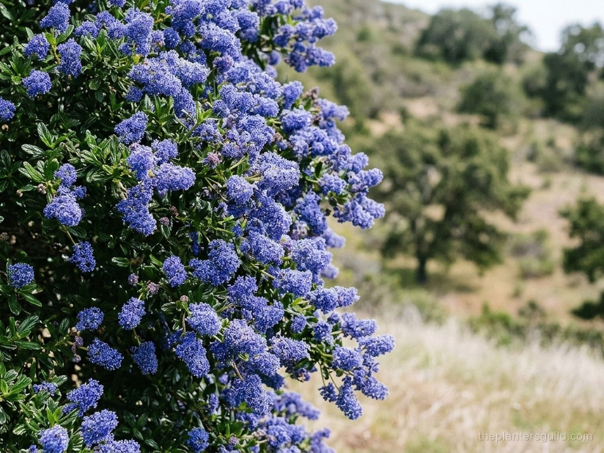 Ceanothus (California Lilac) in peak bloom, dense panicles of small blue-violet flowers cascading over evergreen foliage
