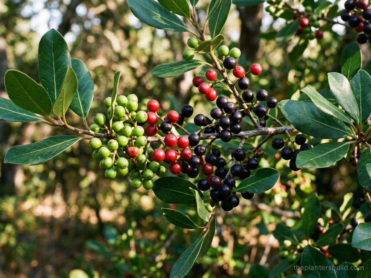 Coffeeberry (Frangula californica) showing berries in three stages on the same branch, green, red, and ripe black, among glossy dark-green leaves