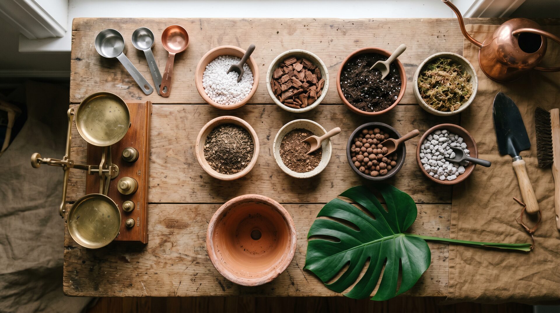 Substrate ingredients in ceramic bowls with brass scale