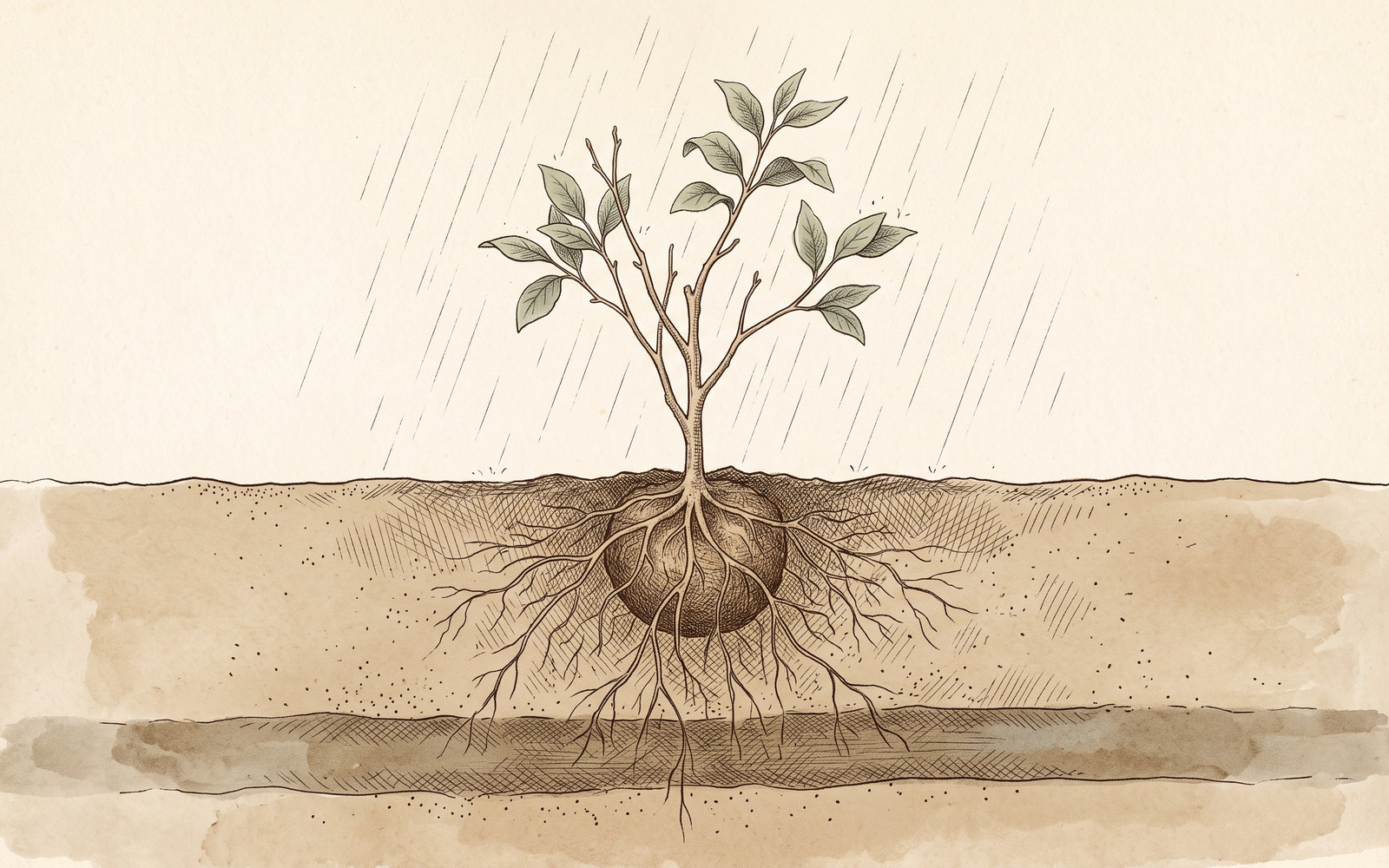 A sepia pen-and-wash illustration of a young sapling in falling rain, cut away below ground to show its root ball and roots spreading outward through the soil toward a darker moist band deeper down.