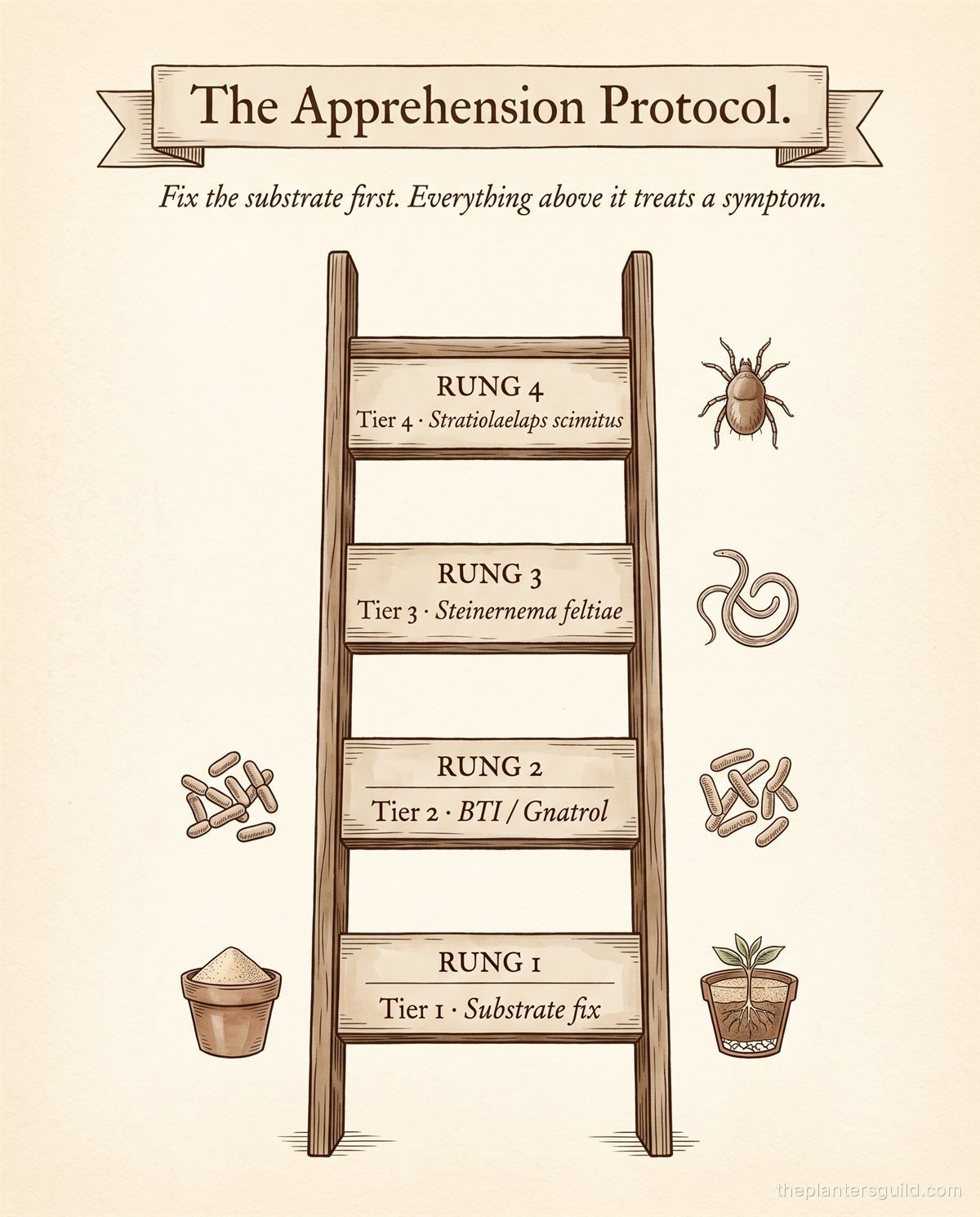 A vintage natural-history plate illustration of a four-rung wooden ladder titled The Apprehension Protocol, with the subtitle Fix the substrate first; everything above it treats a symptom. The four rungs from bottom to top are Tier 1 substrate fix with a sand pot icon, Tier 2 BTI Gnatrol with bacterial cluster icons, Tier 3 Steinernema feltiae nematode with a coiled nematode icon, and Tier 4 Stratiolaelaps scimitus with a soil mite icon.