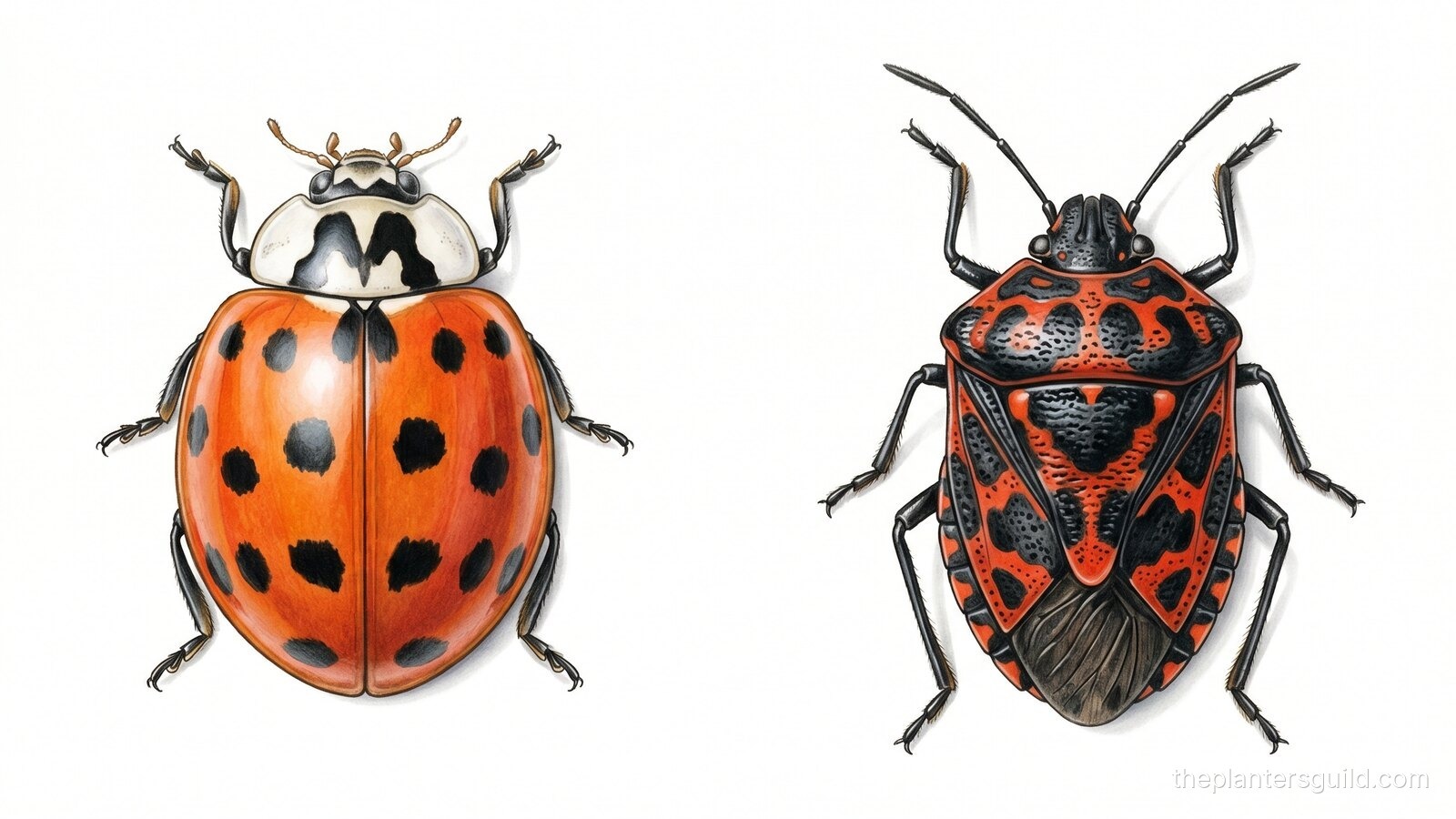 A field-guide plate: an Asian lady beetle illustrated on the left and a harlequin bug on the right, side by side on a white ground