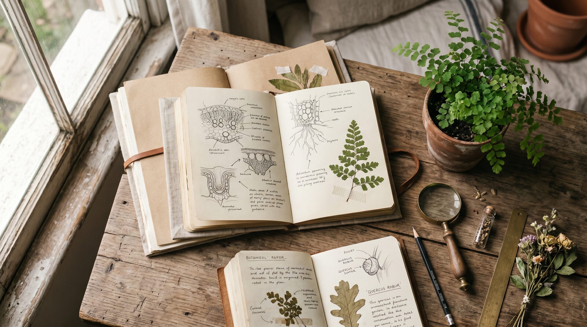 Open botanical study notebooks on weathered wood with hand-drawn plant cross-sections, dried botanical pressings, and a brass magnifying glass
