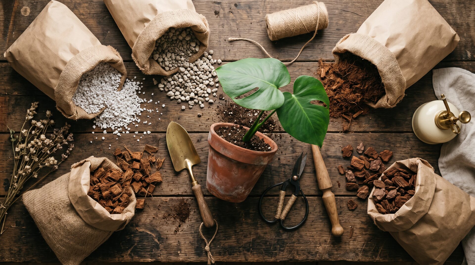 A horticulture workspace from above with kraft burlap sacks of substrate ingredients, a terracotta pot, brass tools, and a single Monstera leaf laid for color reference
