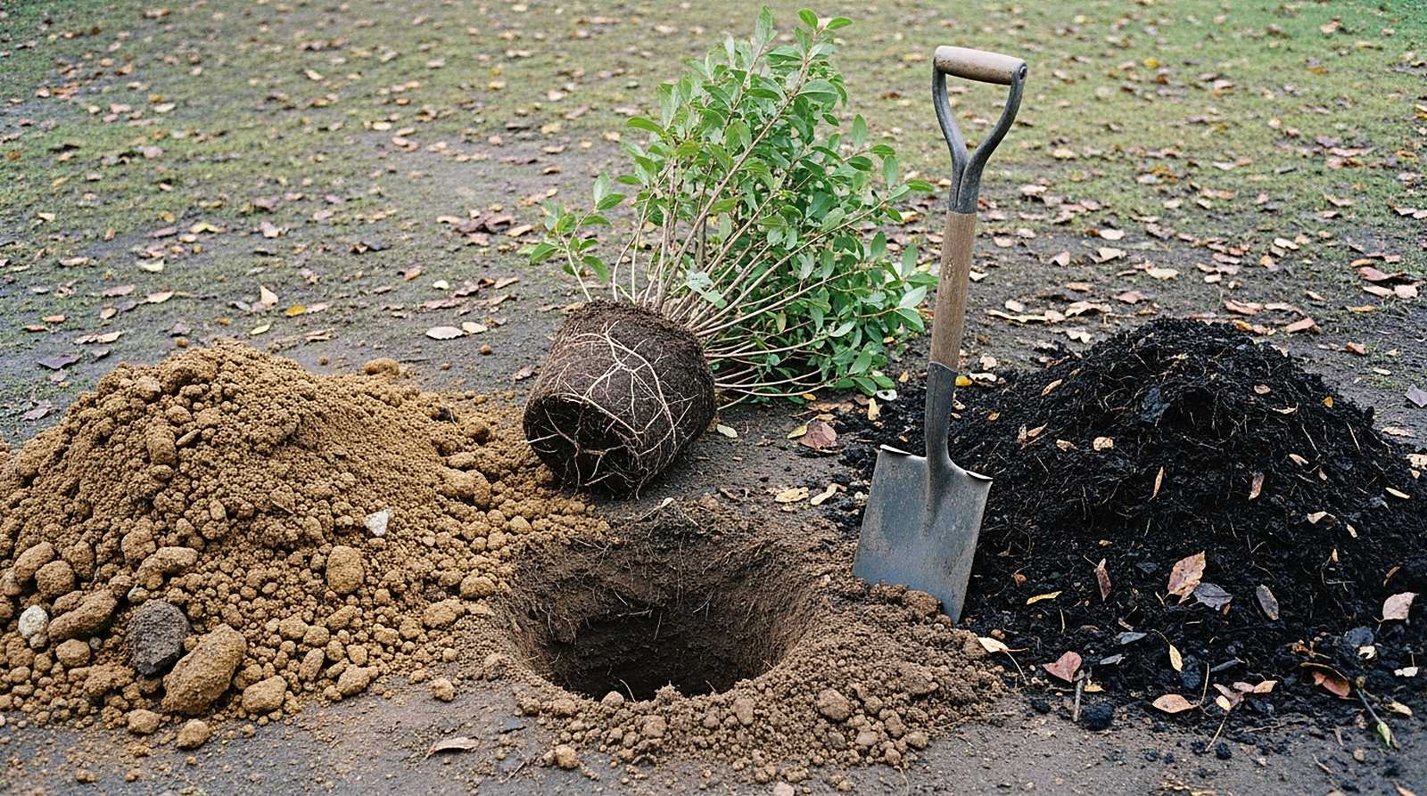 A freshly dug planting hole in brown garden soil seen from above in soft overcast light, a nursery shrub with an exposed root ball resting beside it, a worn steel spade standing in the earth, a mound of plain brown native soil on one side and a mound of dark compost on the other