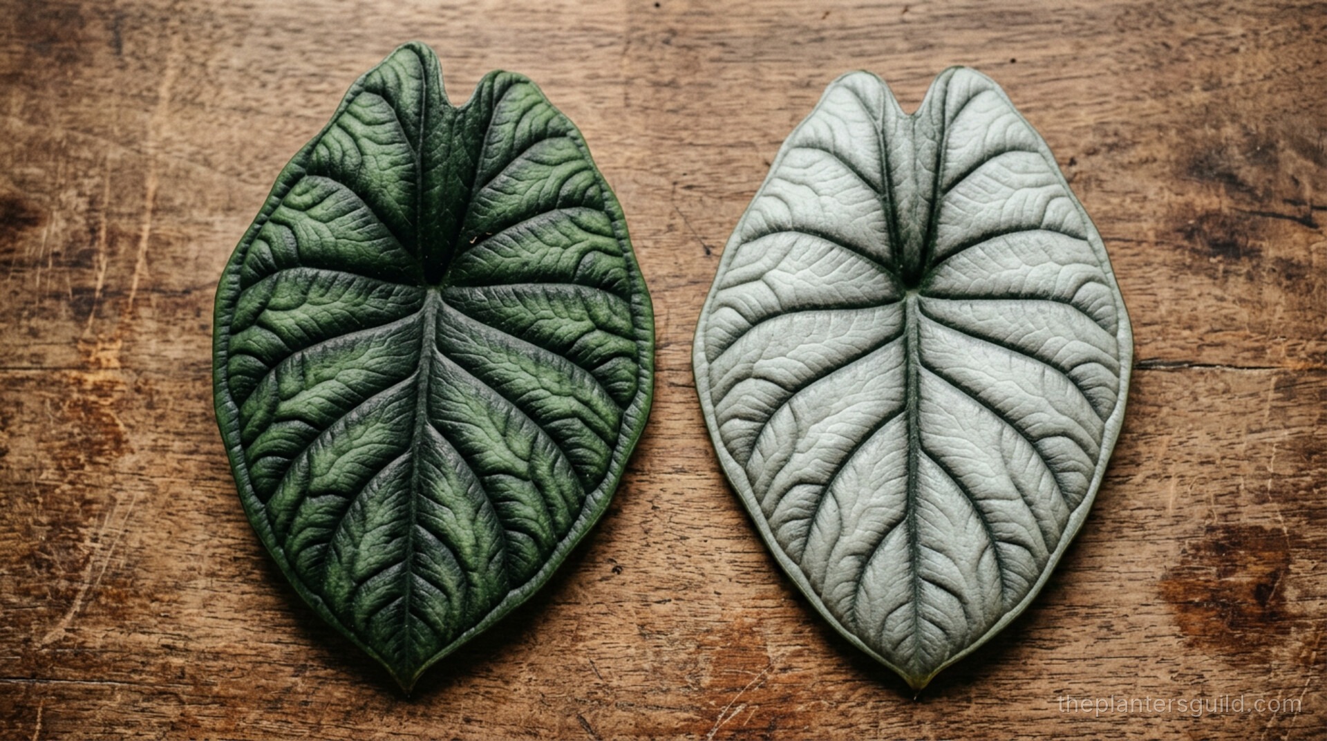 Two Alocasia baginda leaves side by side — Dragon Scale and Silver Dragon cultivars
