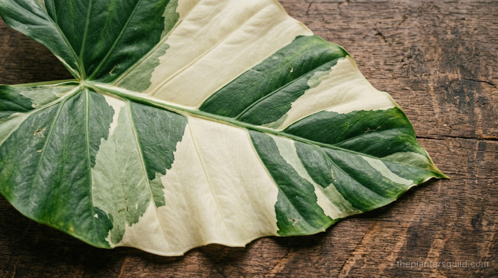 Alocasia macrorrhizos Variegated leaf showing bold cream-and-green chimeric variegation