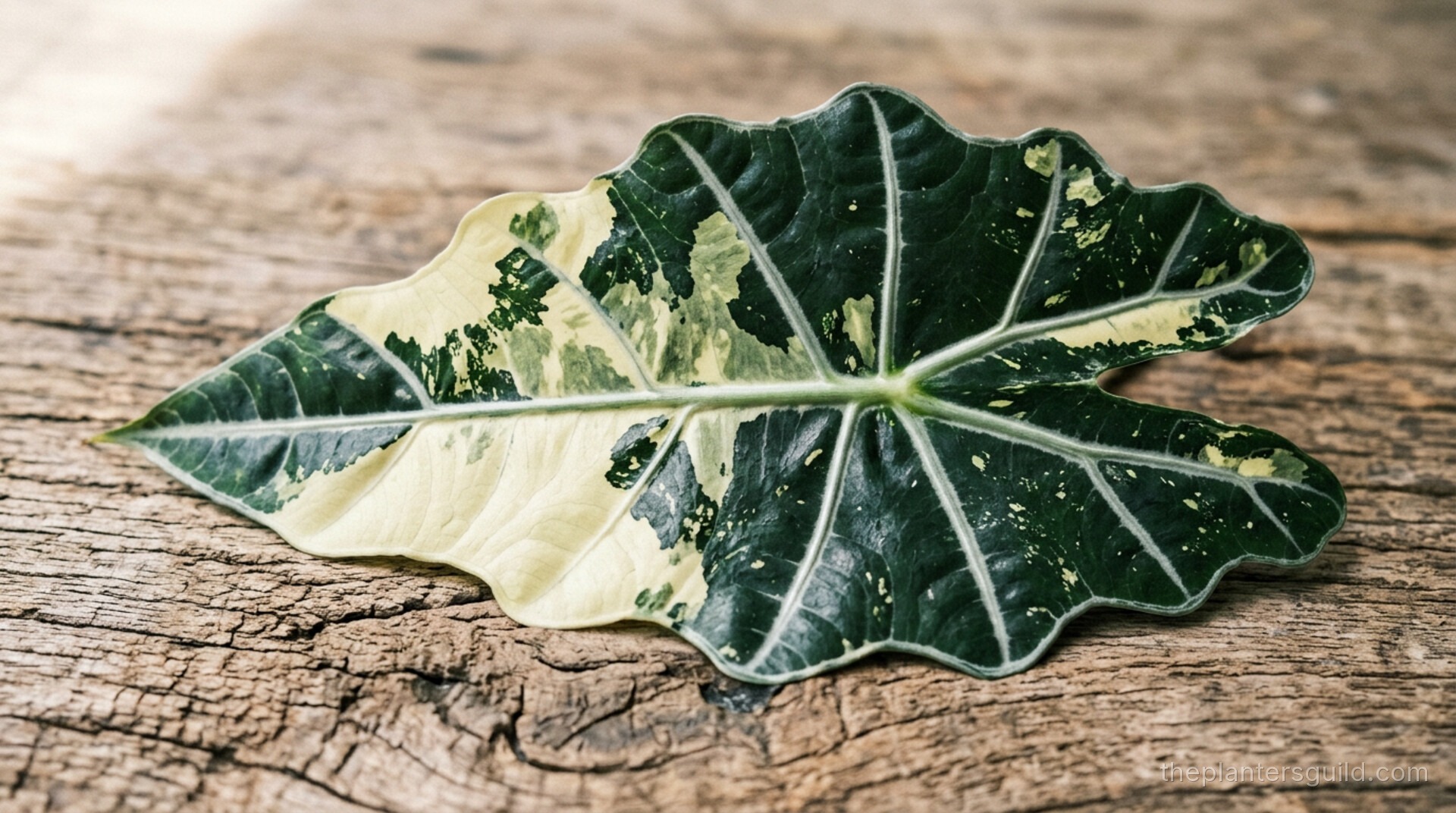 Alocasia Polly Variegated leaf showing chimeric cream sectoral variegation