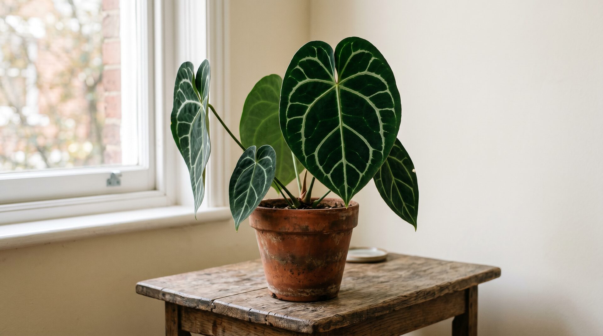 Anthurium clarinervium with heart-shaped velvet leaves and prominent silver veining