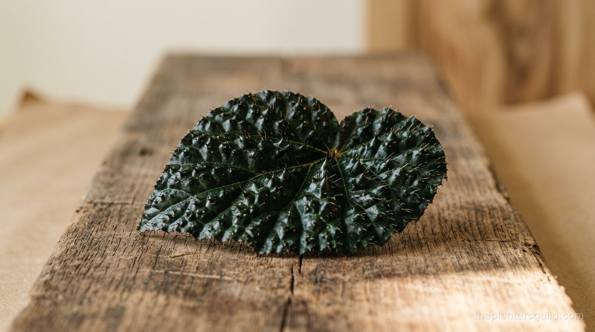 Begonia ferox armored leaf with rounded conical bullae each tipped with a dark trichome, raking side light defines every projection