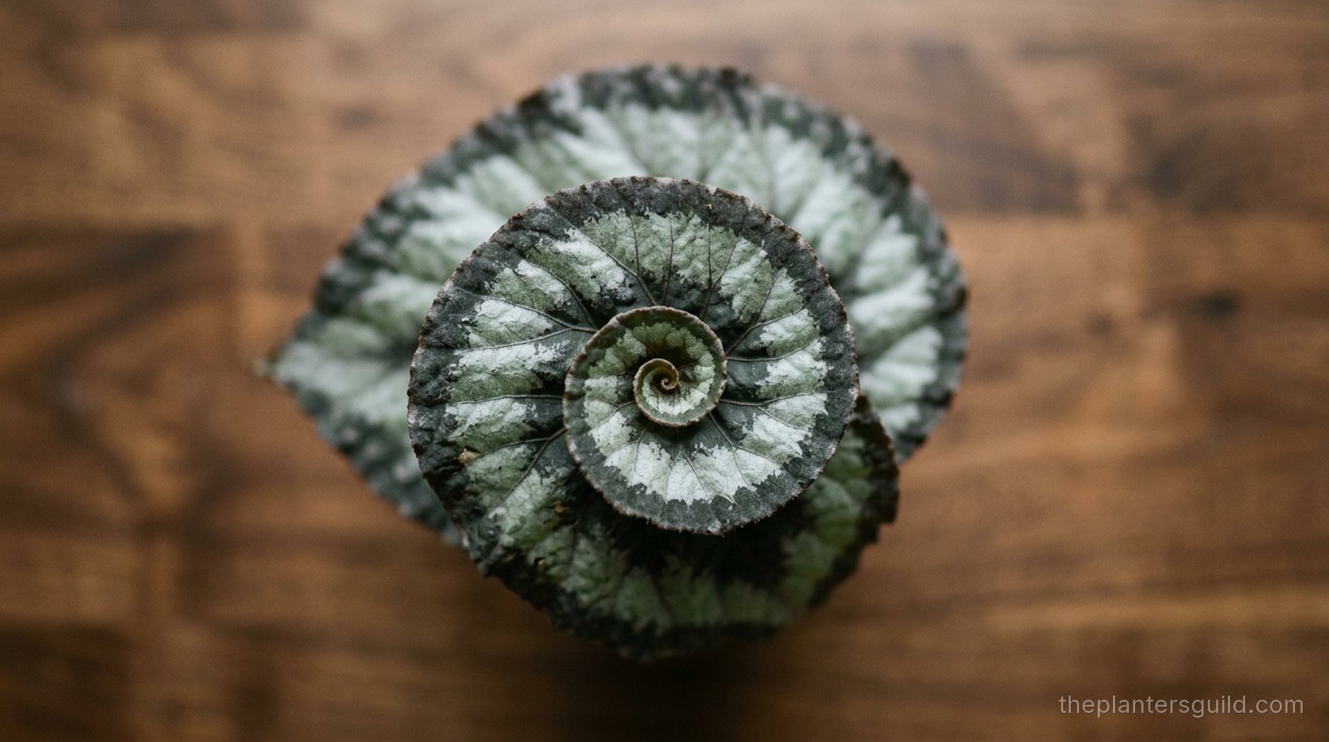 Rex Escargot Group leaf top-down showing the snail-shell coil at the petiole and silver-charcoal banded leaf surface