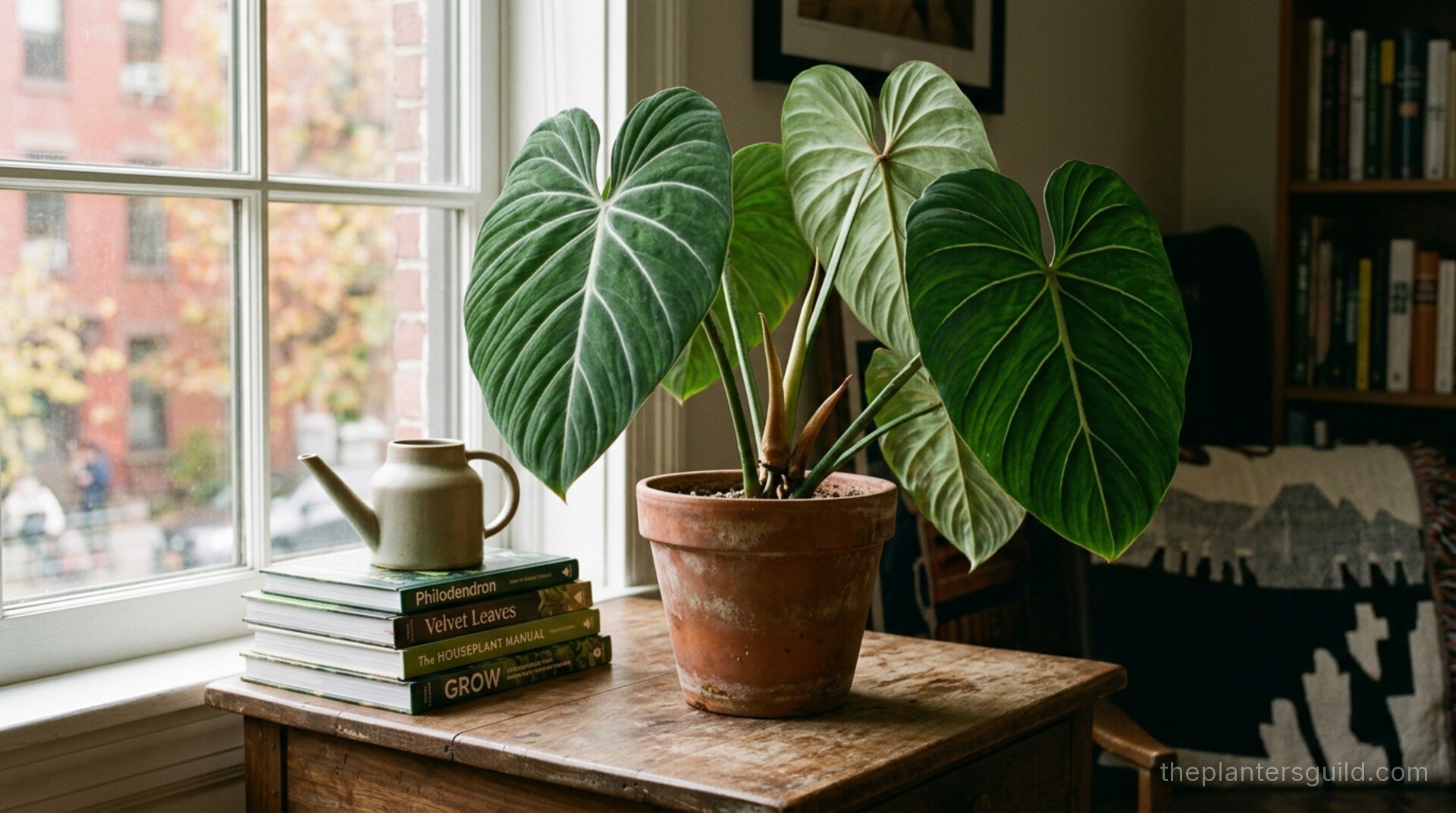 Mature Philodendron McDowell in a terracotta pot on a side table by a sunlit window, with horticulture books and a brass watering can nearby