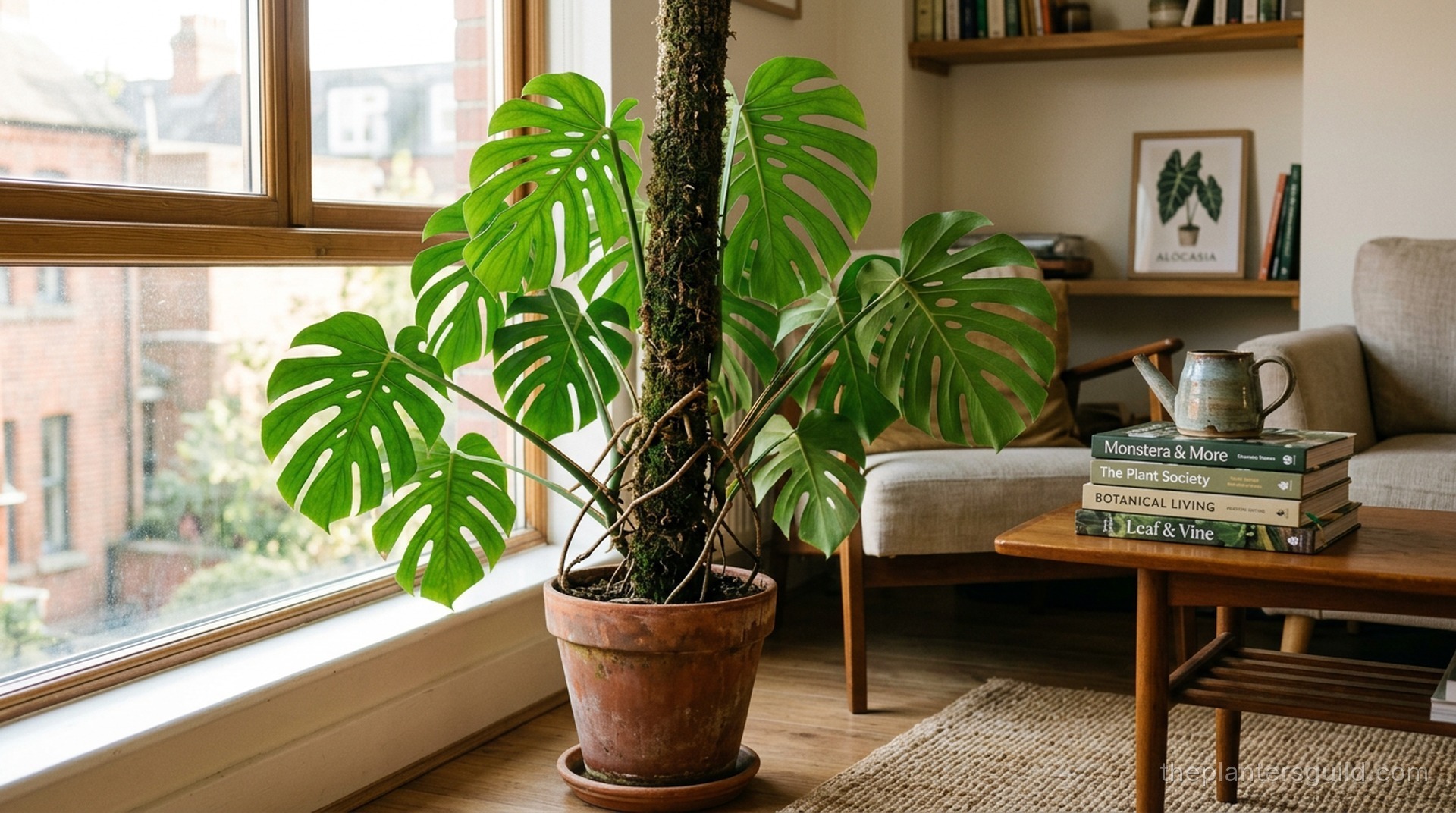Adult Monstera deliciosa on a moss pole in a terracotta pot by a sunlit window