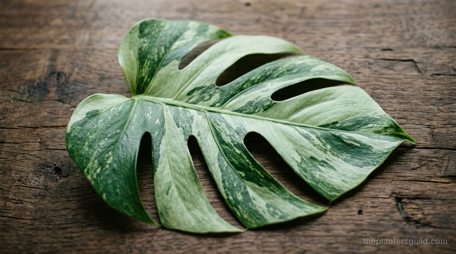 Pale-green Monstera Mint variegata leaf on weathered walnut