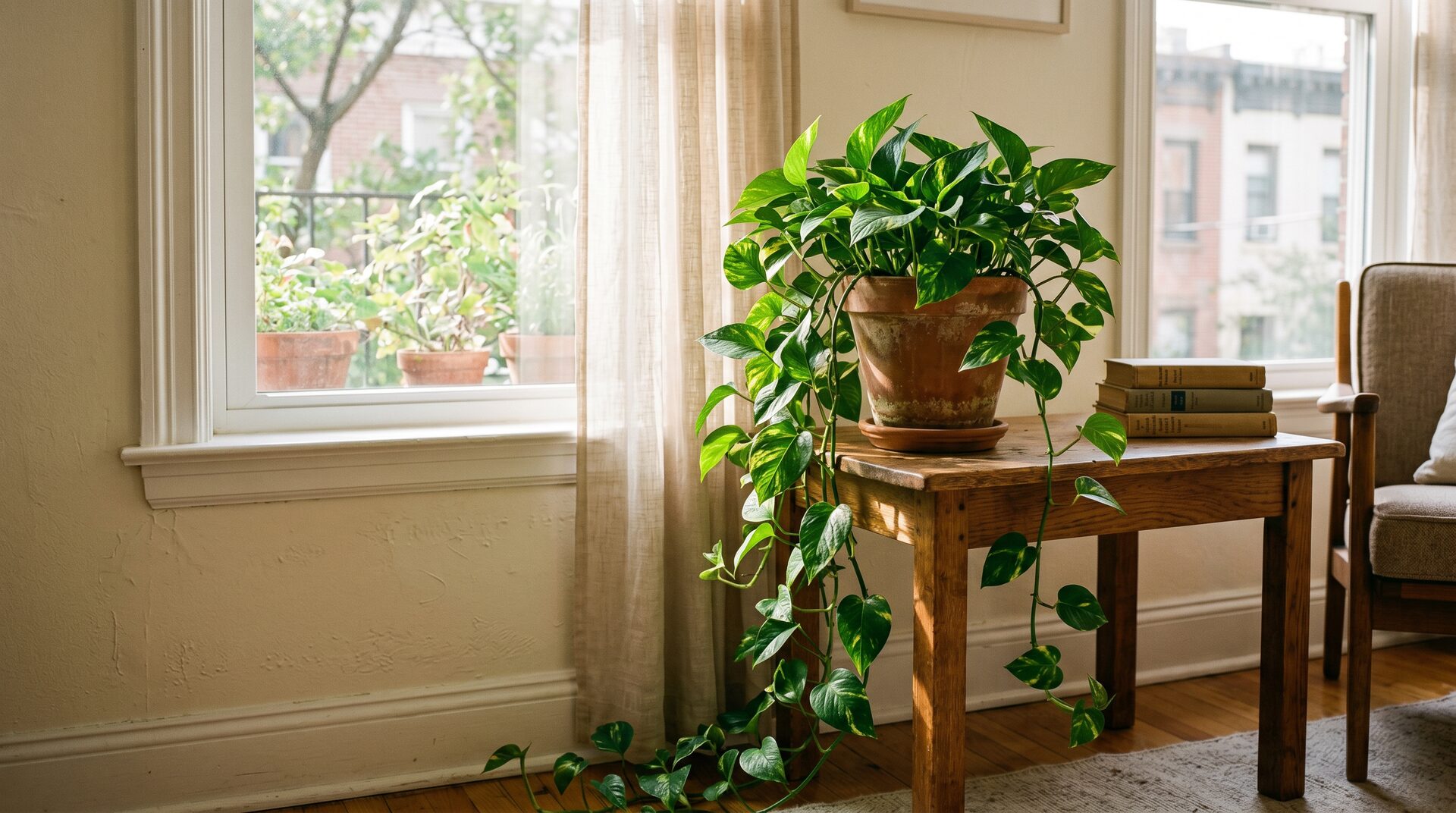 Healthy golden pothos in terracotta pot near sunlit window