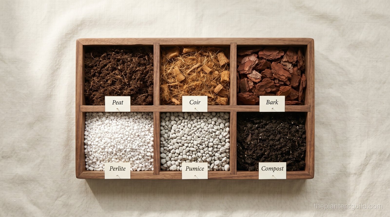 A walnut specimen tray holding the building blocks of any bagged mix: peat, coir, bark, perlite, pumice, and earthworm-cast compost