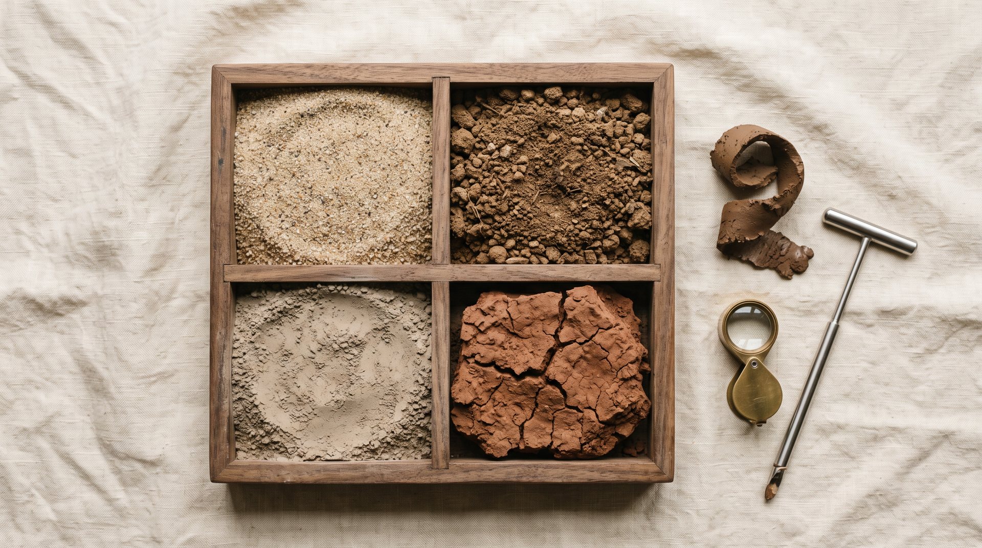A walnut specimen tray of native soils across the texture range: gritty sand, brown loam, grey silt loam, and a cracked red-brown clay clod, with a hand lens and soil probe alongside