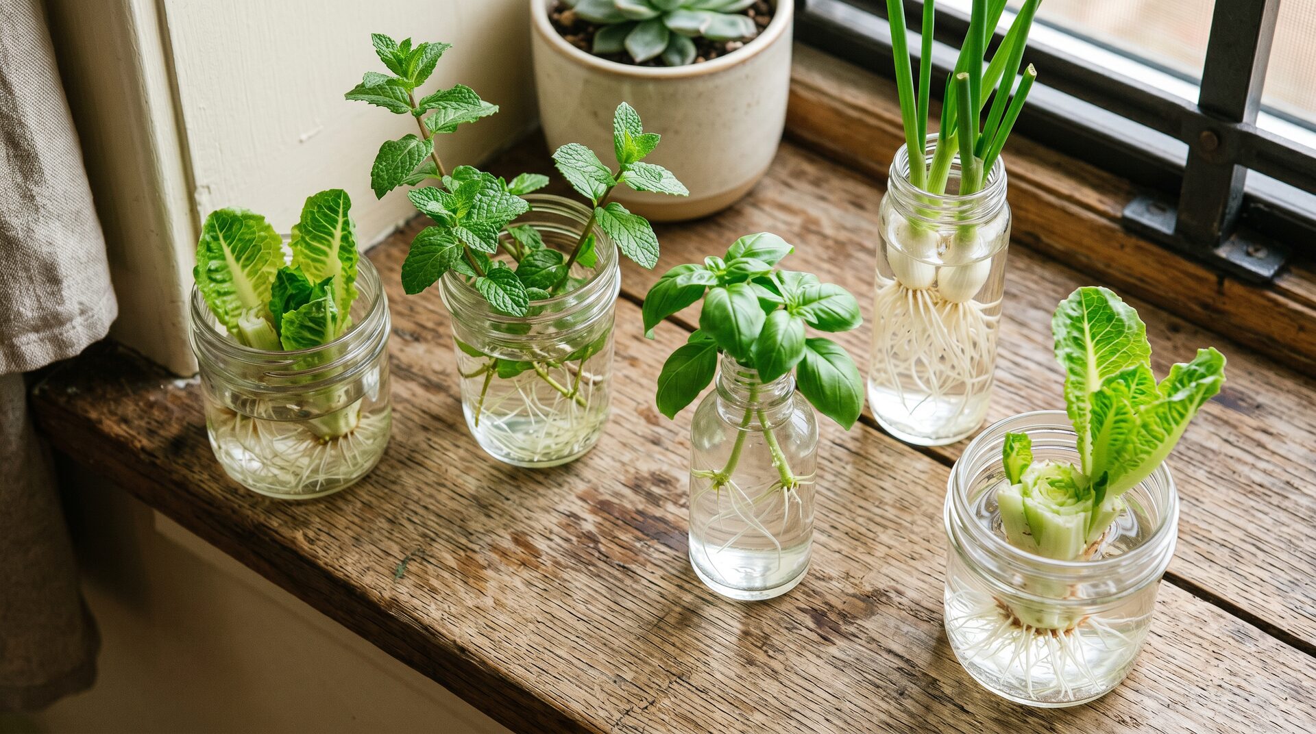 Glass jars on windowsill with herbs sprouting roots in water